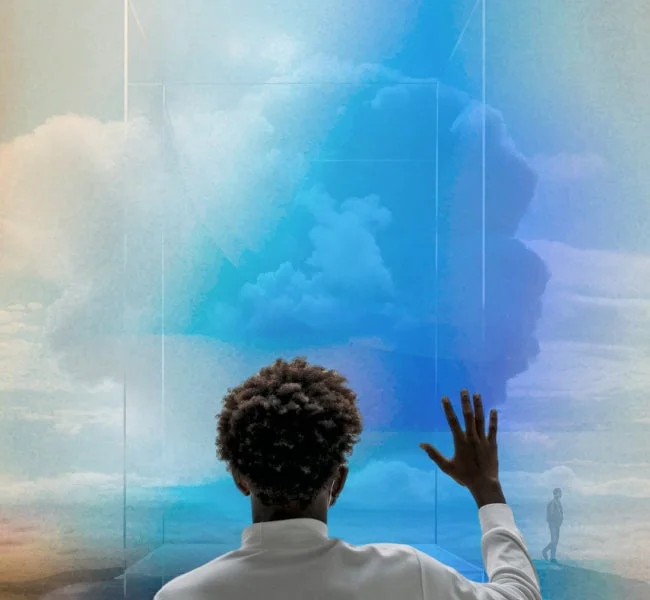 未来を見つめる人物のデジタルアート