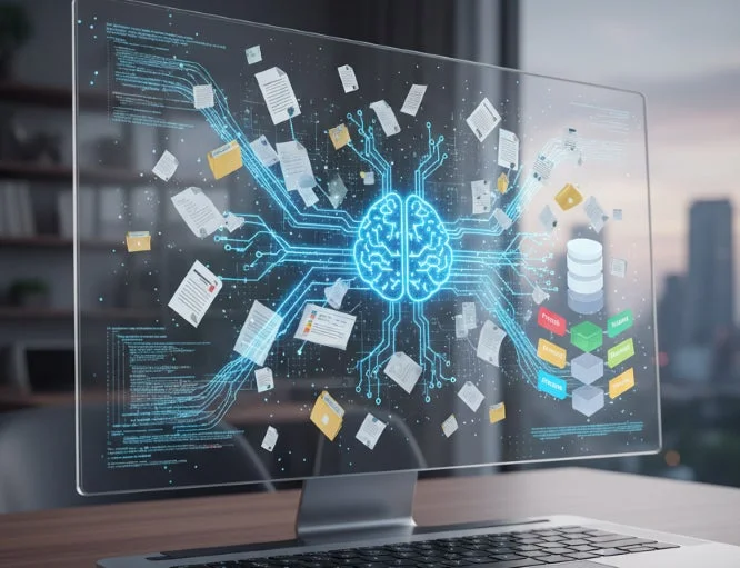AIとデータ処理の未来的なイメージ