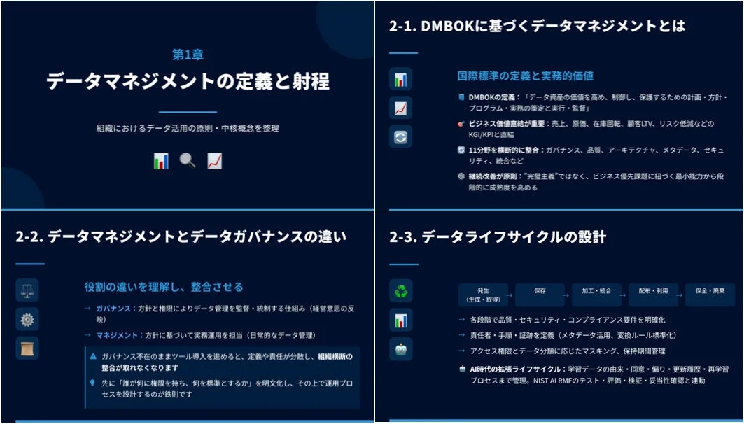 DMBOKに基づくデータマネジメントの定義などが解説されたページ