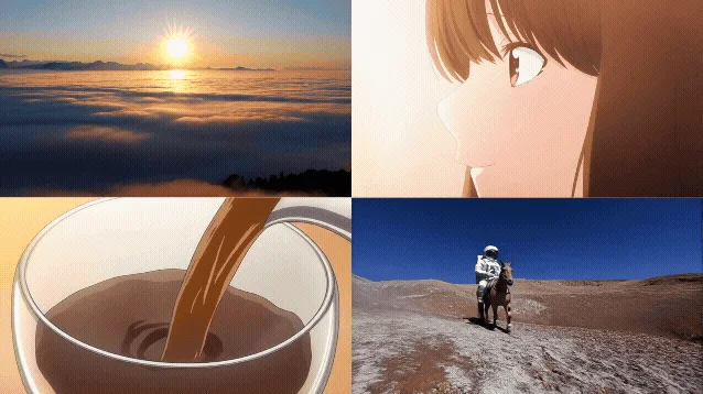 日の出の雲海、アニメの女性の横顔、グラスに注がれるコーヒー、そして宇宙飛行士が馬に乗る砂漠の風景。自然、日常、SF、アニメといった多様なテーマが組み合わされた4分割の画像です。