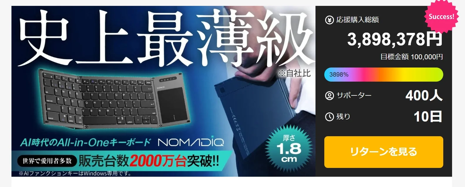 目標金額3898%達成