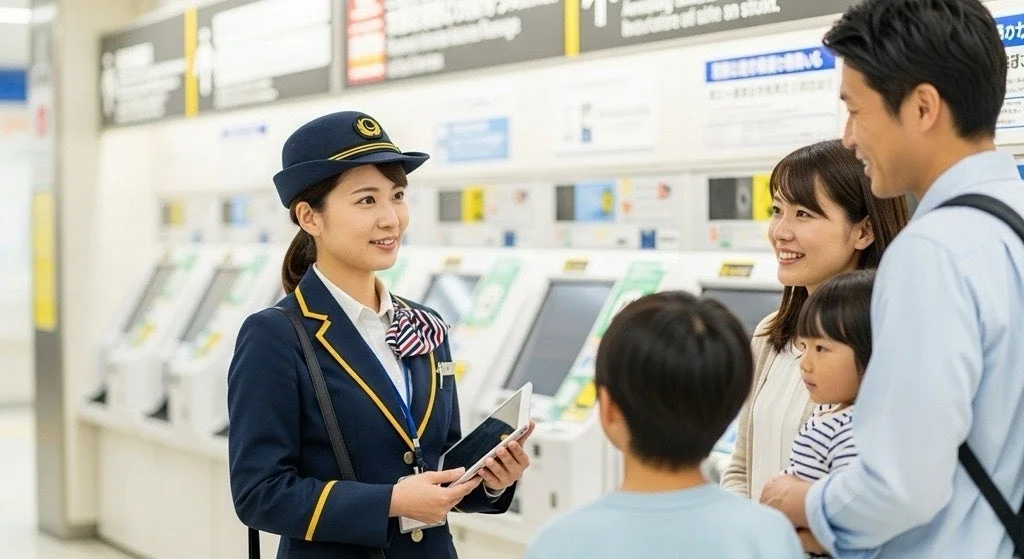 駅の構内で、制服を着た女性駅員が家族連れ（両親と子供2人）にタブレットを使って案内をしている様子