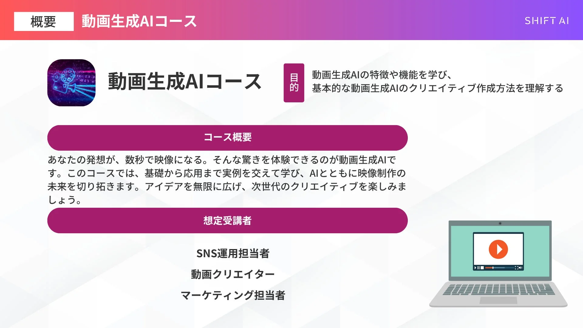 「動画生成AIコース」の概要を示すスライド。AIの特長や機能、クリエイティブな映像制作方法を基礎から応用まで学べます。SNS運用担当者、動画クリエイター、マーケティング担当者が対象です。