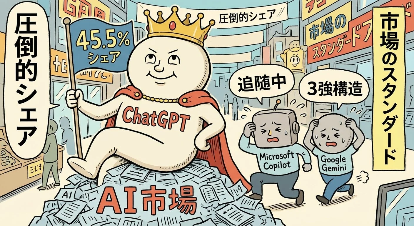 ChatGPTがAI市場で圧倒的なシェアを占め、王様のように君臨している様子