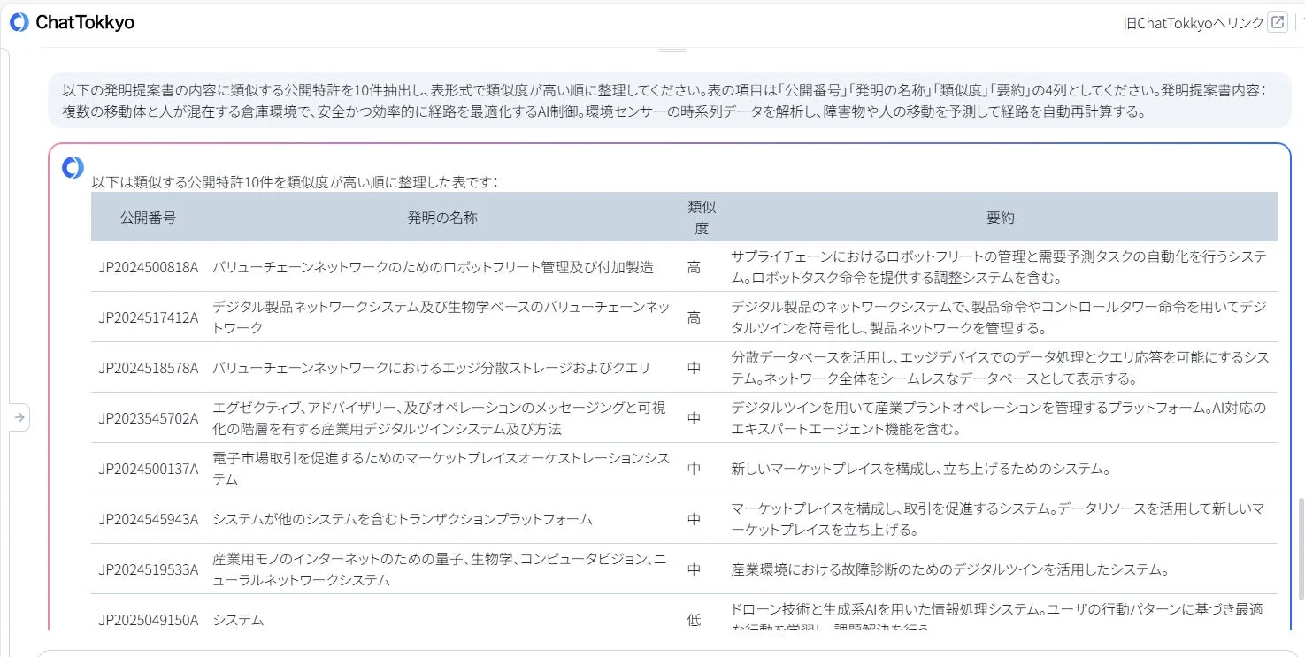 類似特許検索結果の画面