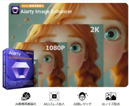 AI画像高画質化ソフトウェア「Aiarty Image Enhancer」のプロモーション画像です。アニメキャラクターの顔を例に、AIによる高画質化で1080Pや2Kへと解像度が向上する様子が示されています。AIロスレス拡大、AI顔レタッチ、AIノイズ除去といった機能が紹介されています。