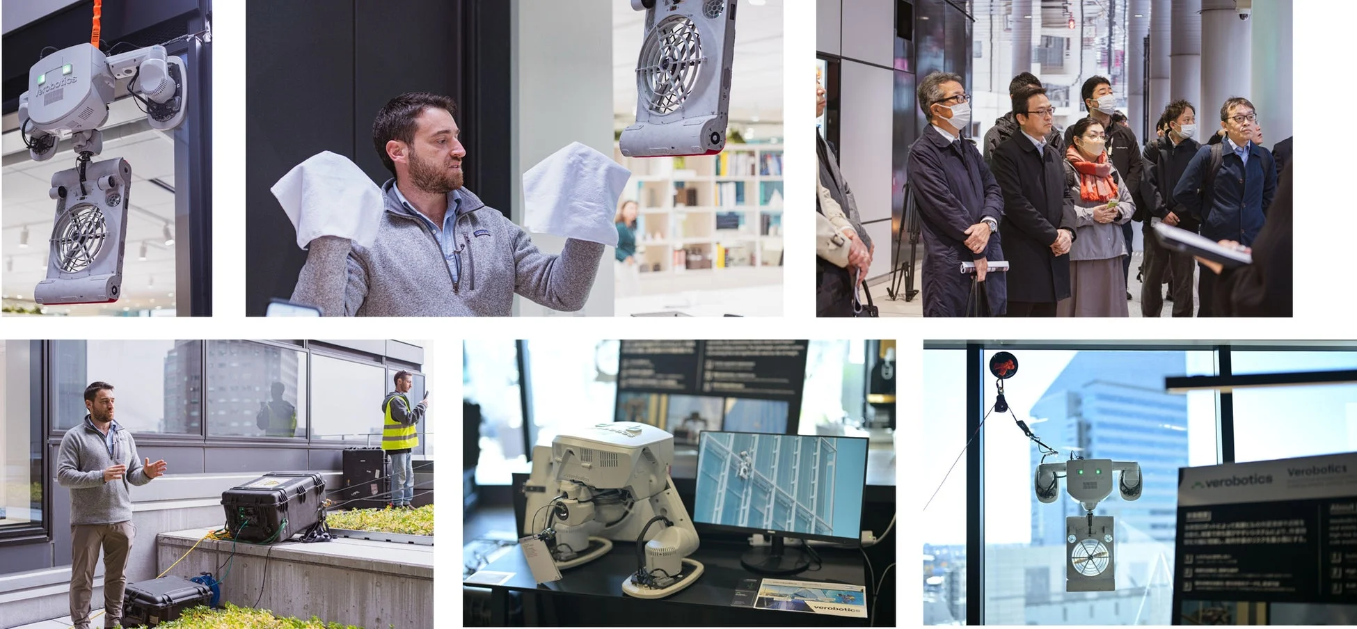 Verobotics社の窓拭きロボットのデモンストレーションの様子。建物ファサードでの実演や、開発者による説明、そして多くの見学者が最新の清掃ロボット技術に注目する場面が捉えられている。