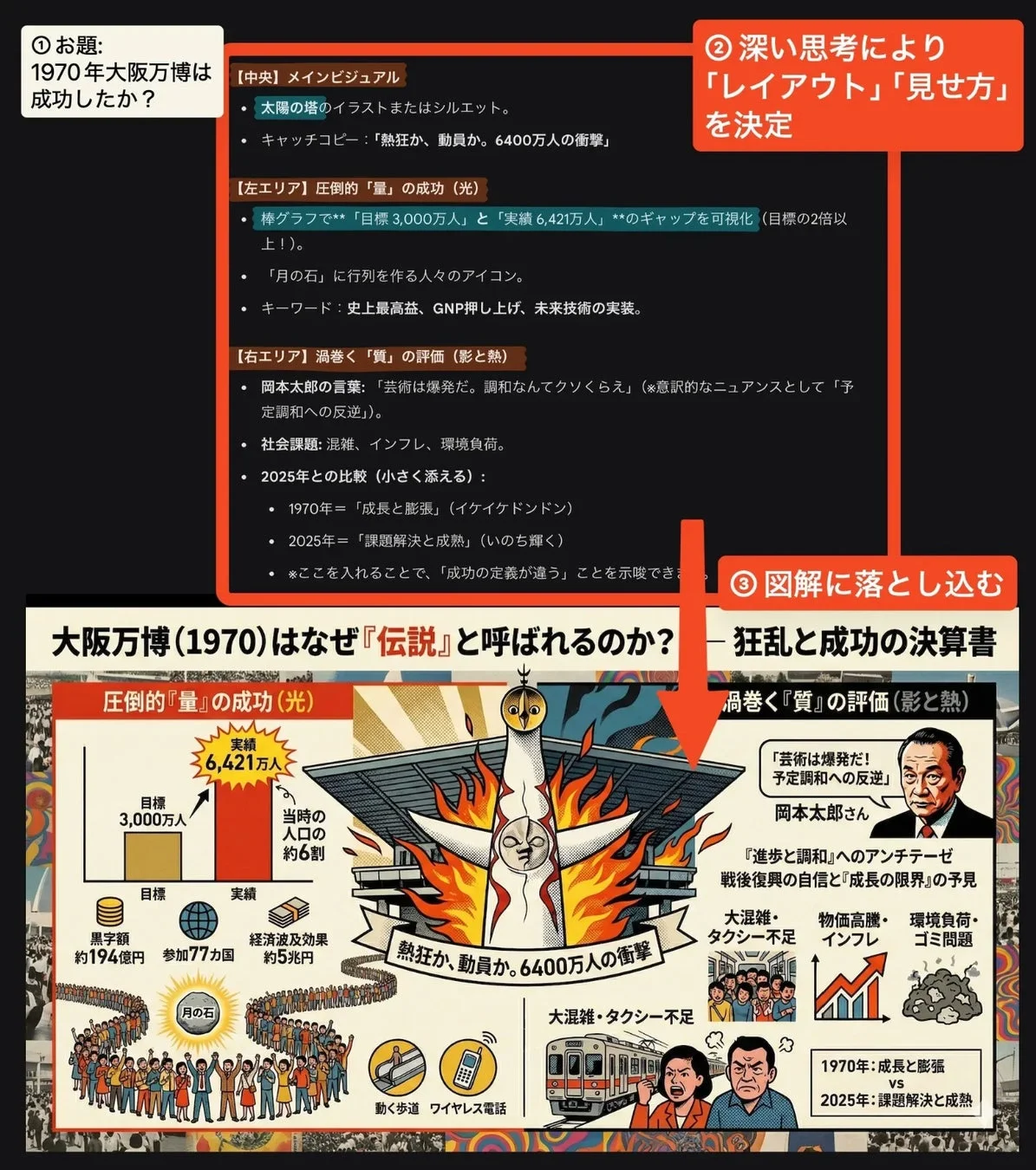 1970年大阪万博のインフォグラフィック(テキスト入り画像生成の例として)