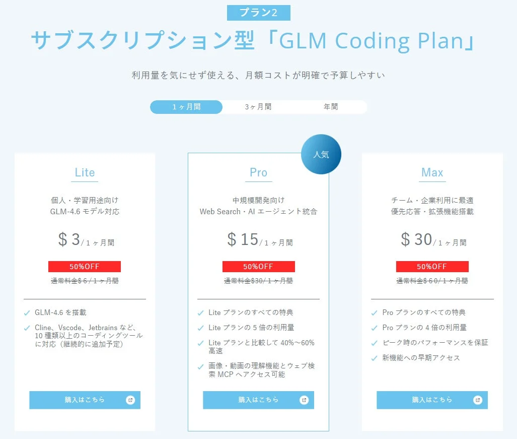 GLM Coding Planのサブスクリプション型料金プランを比較する画像