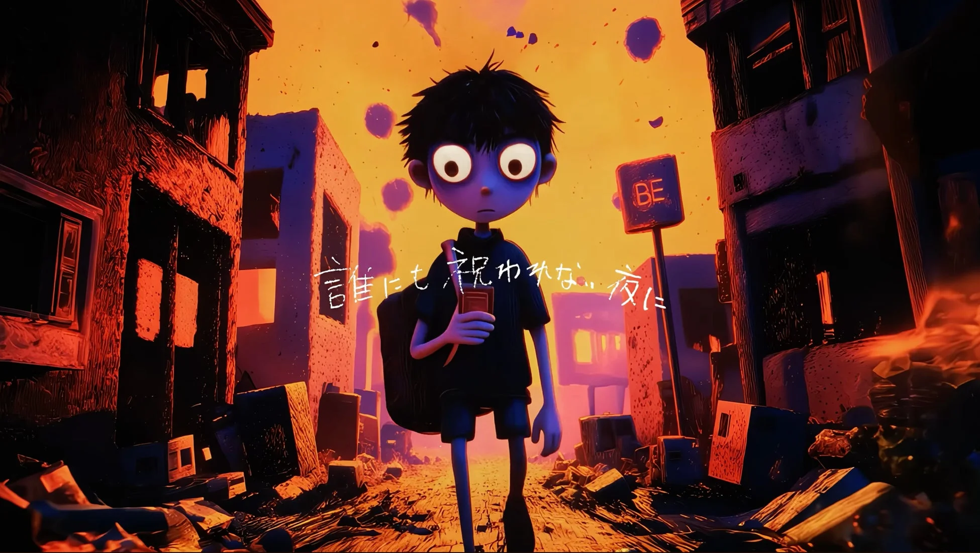 荒廃した街を青い肌と大きな目の少年が歩く不気味なイラスト