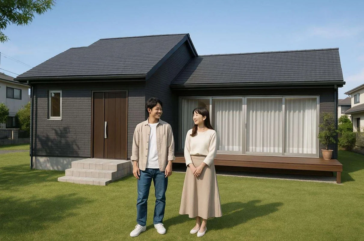 晴れた日に、モダンなデザインの戸建て住宅と広い芝生の庭を背景に、笑顔の若い夫婦が立つCGパース