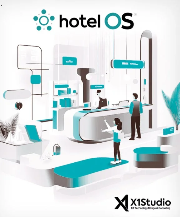 ホテルOSシステムを導入した未来的なホテルロビーのイラスト