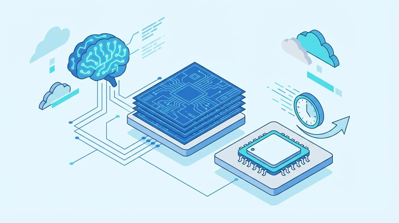 人工知能(AI)とデータ処理、クラウドコンピューティングの概念を表現したイラスト