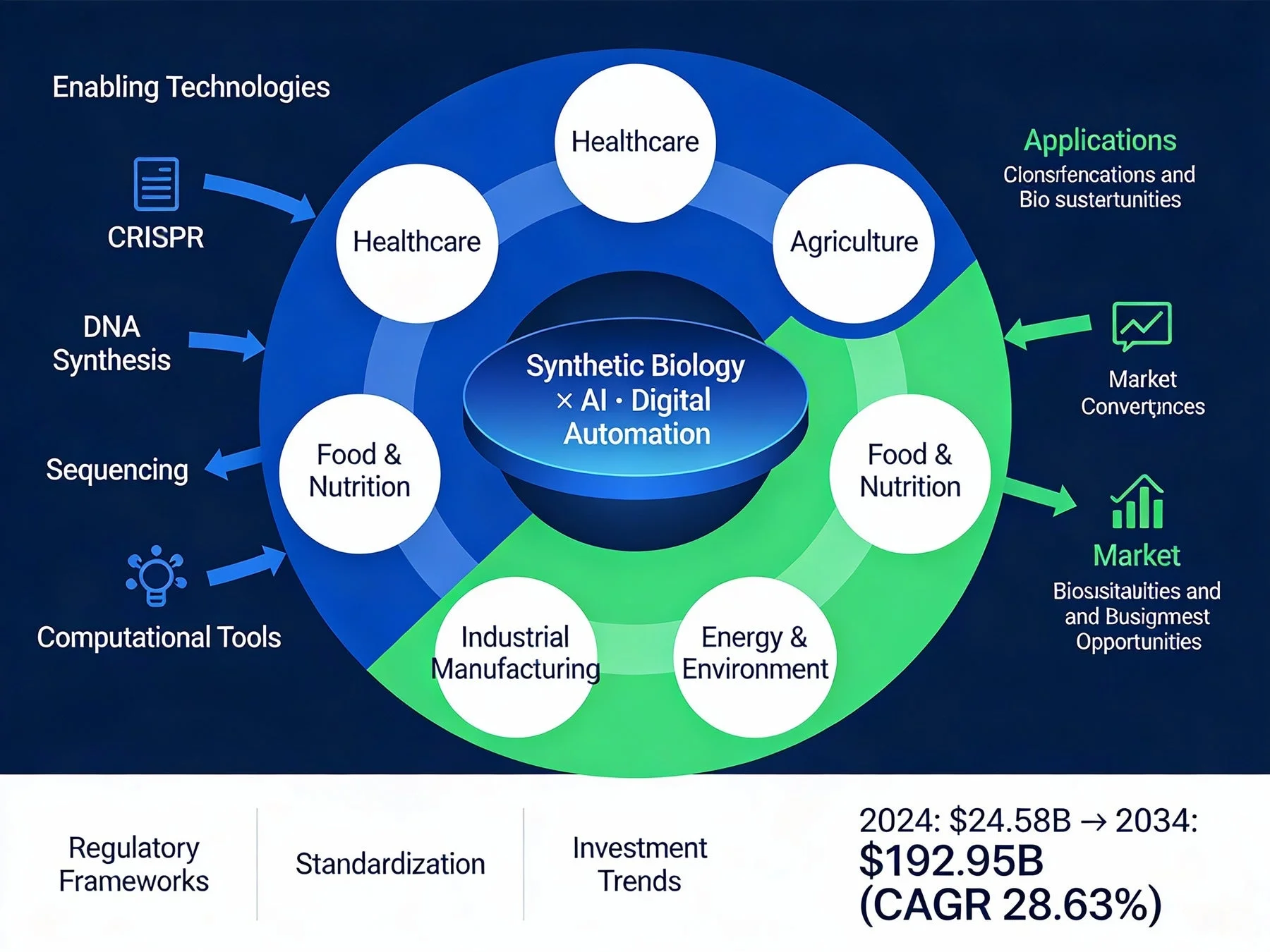 Enabling Technologies CRISPR DNA Synthesis Sequencing Computational Tools Synthetic Biology x AI + Digital Automation Healthcare Agriculture Food & Nutrition Industrial Manufacturing Energy & Environment Applications