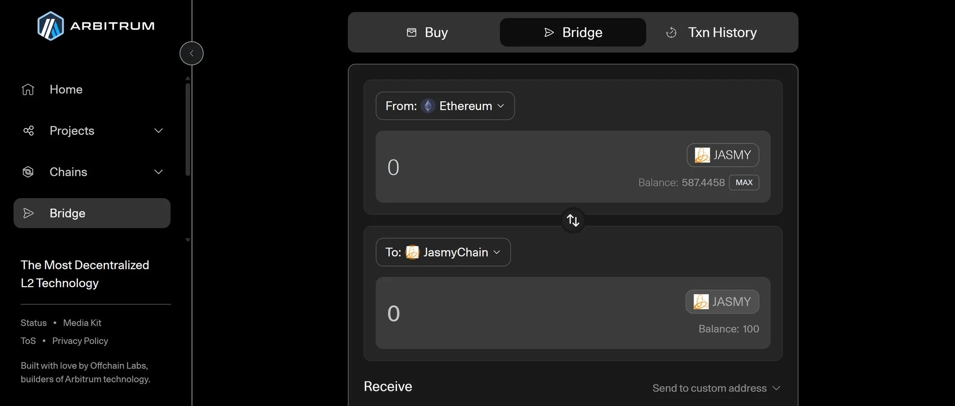 Arbitrum Portalのブリッジ機能のユーザーインターフェース