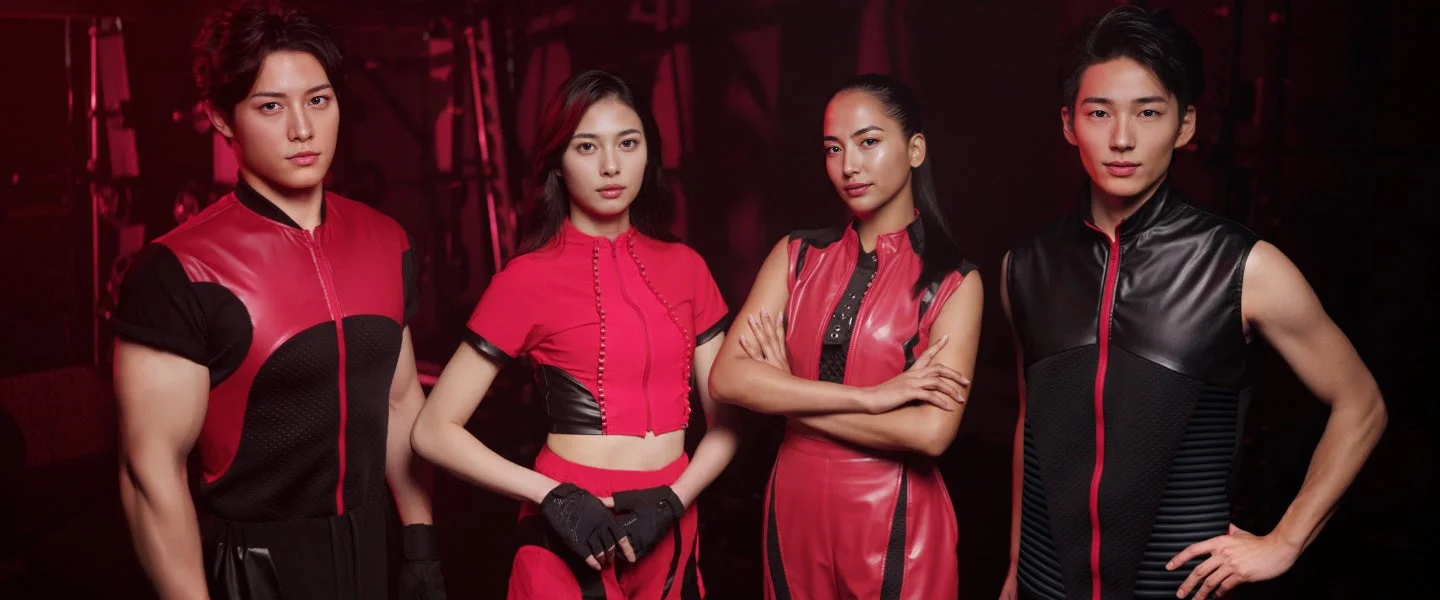 未来的な衣装を身につけた4人の男女