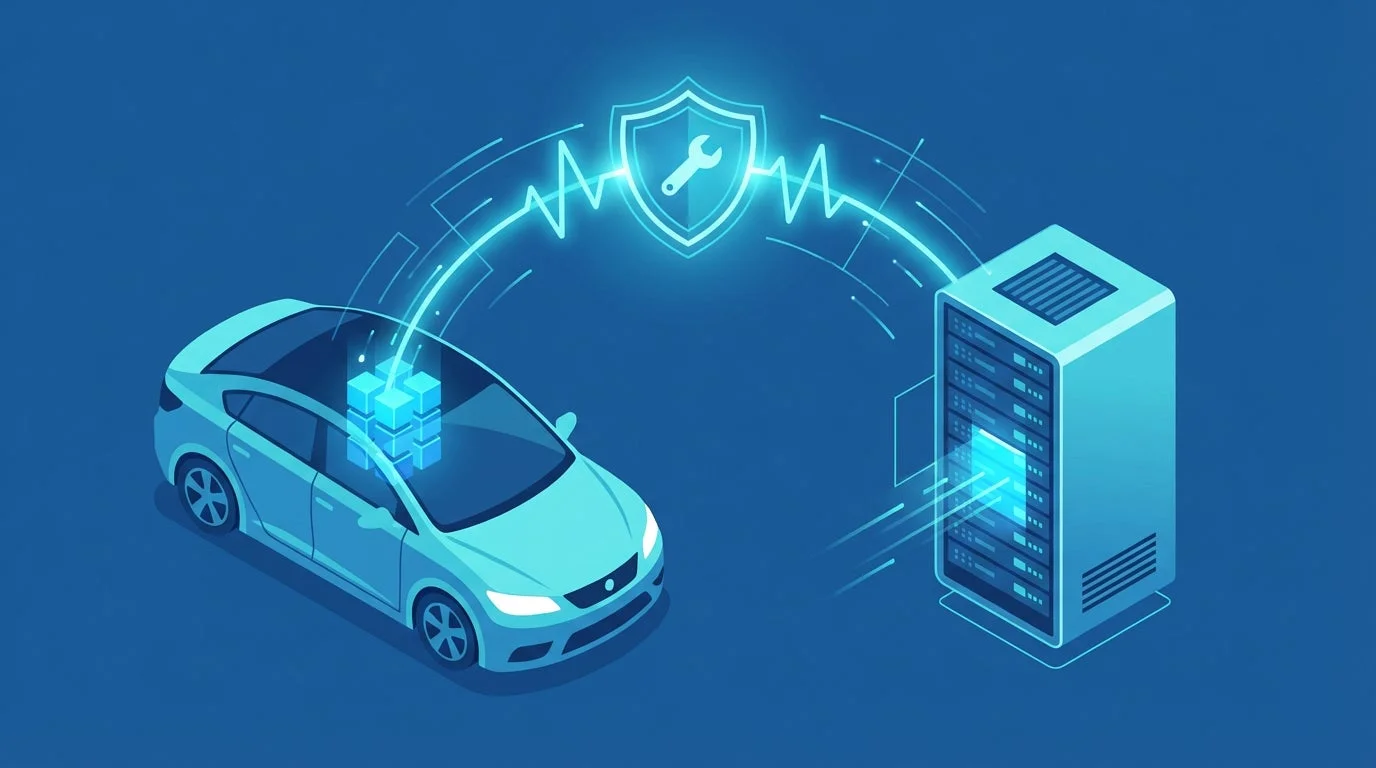 自動車とサーバーがデータ通信で接続されている様子を描いたイラスト