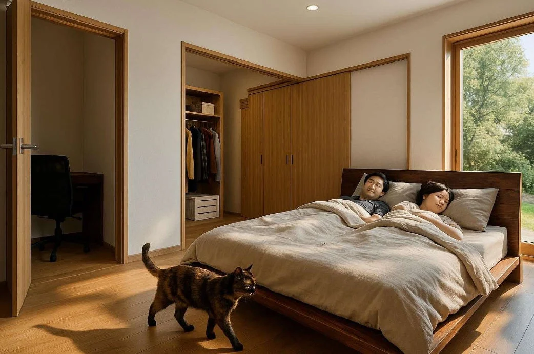 穏やかな寝室で、夫婦が安らかに眠る傍らを猫が歩いているCGパース