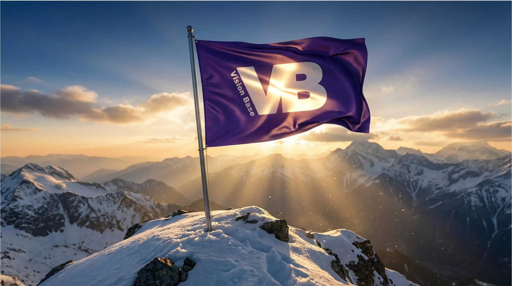 Vision Baseのロゴが入った旗が立つ雪山
