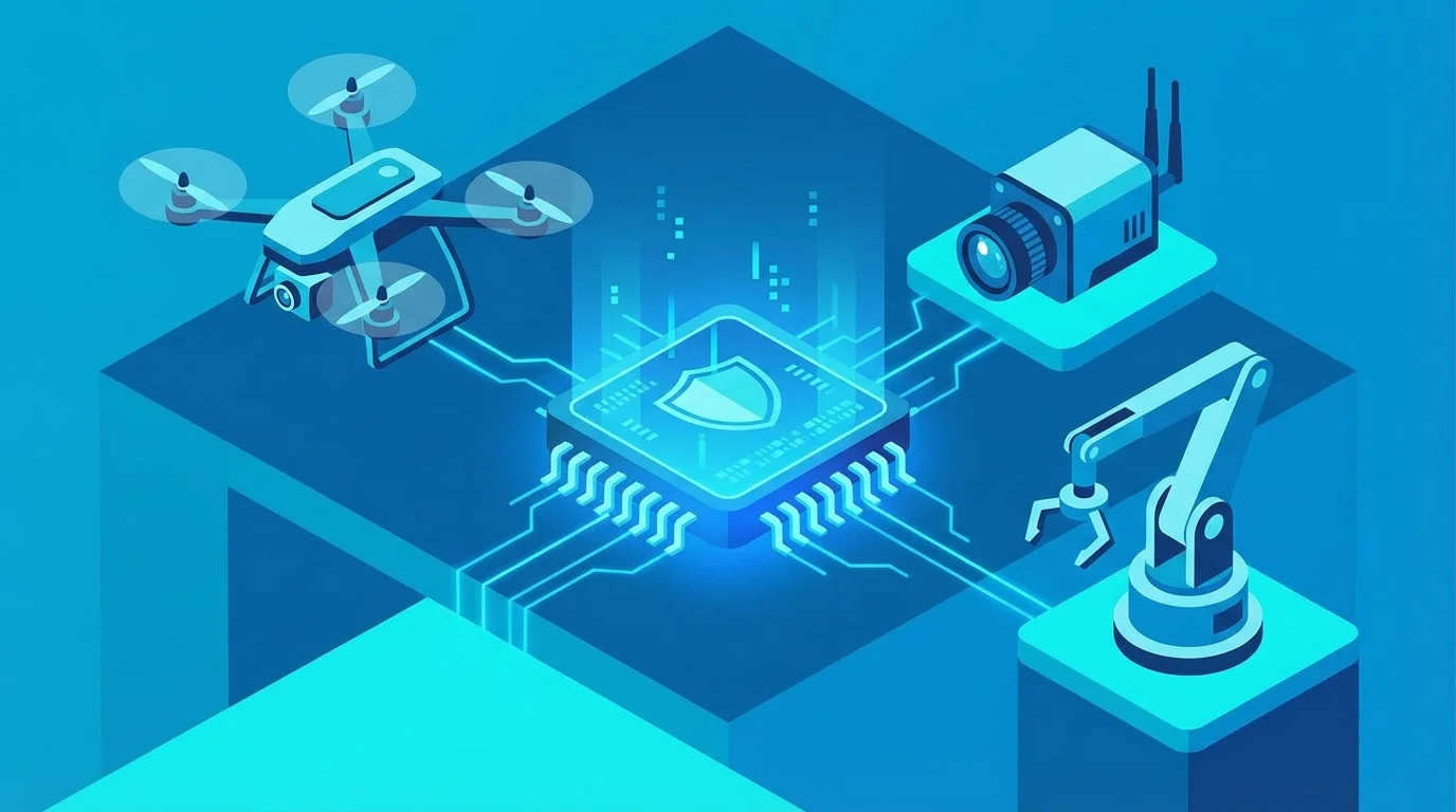 ドローン、セキュリティカメラ、ロボットアームといった現代の技術が、シールドアイコンが描かれた中央の半導体チップを介して連携している様子を表現したイラスト