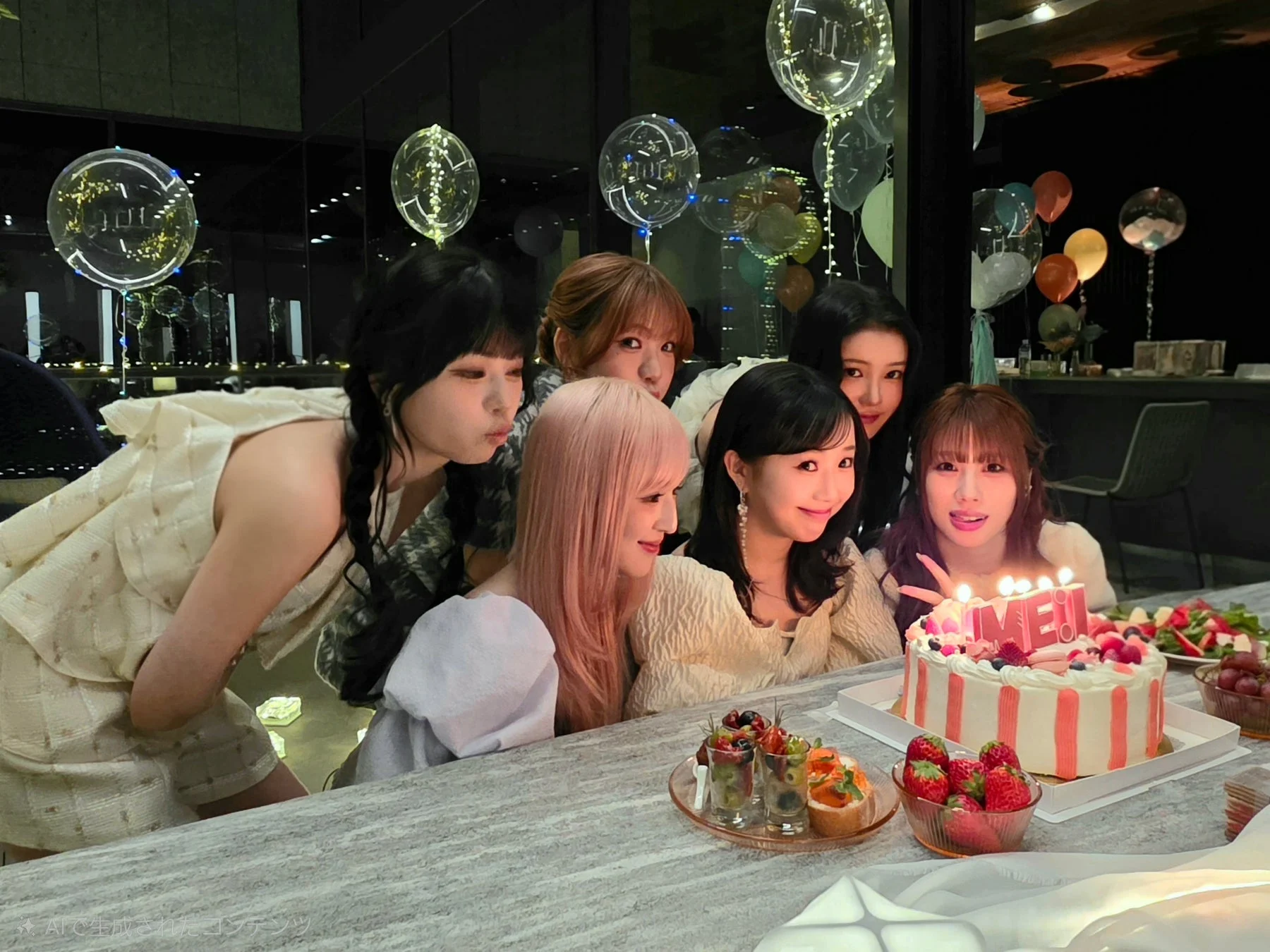 複数の女性が誕生日パーティーのような祝賀会で集まり、ケーキを囲んで笑顔を見せている