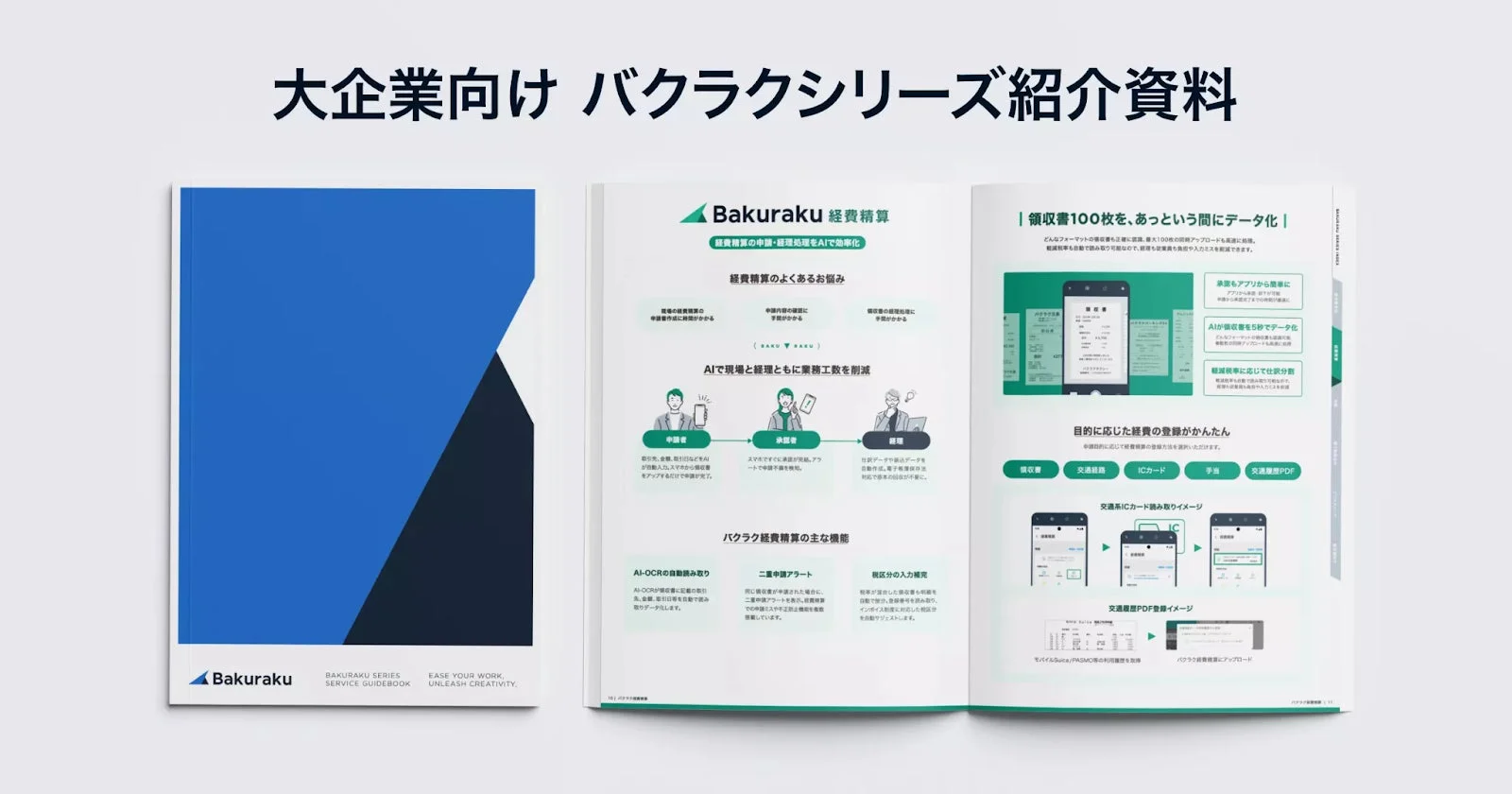 大企業向けバクラク経費精算の紹介資料。AIを活用し、申請から経理処理までを効率化し、業務工数を削減する。領収書のデータ化、承認、登録が簡素化される機能が詳しく説明されている。