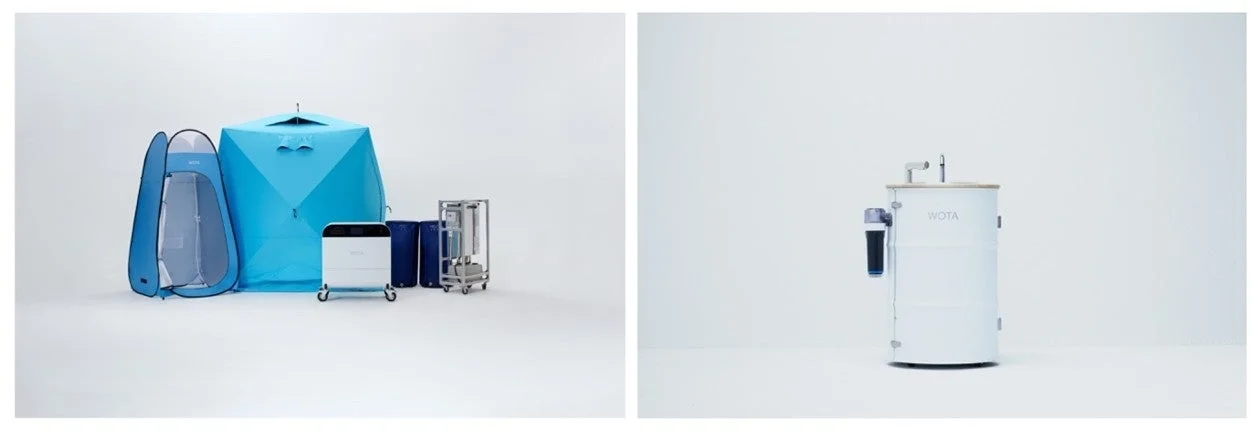 WOTAのロゴが入ったポータブル水処理システムやシャワーテント、給水設備などが白い背景に並べられています。災害時やアウトドアでの利用を想定した衛生・水供給ソリューションのようです。