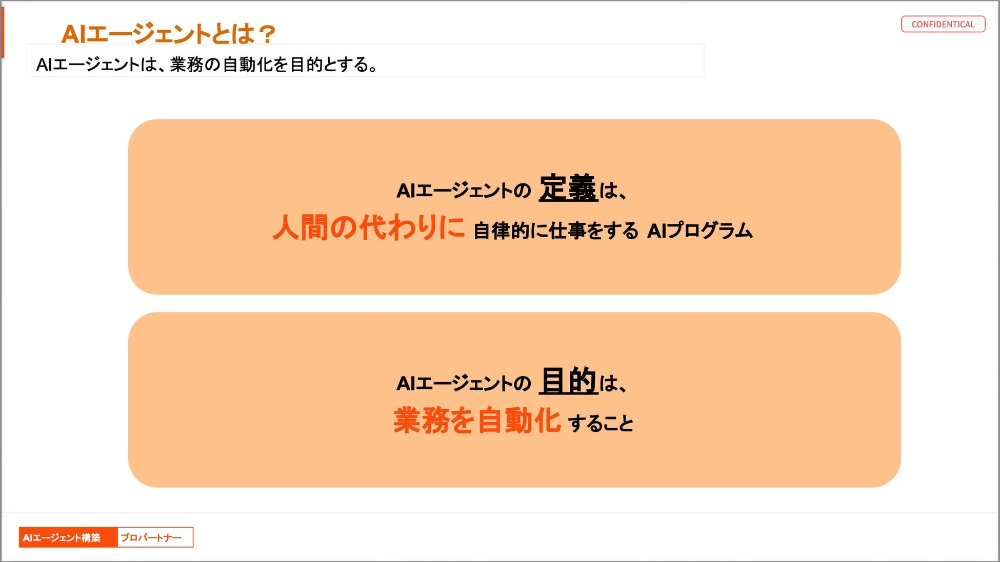 AIエージェントの定義と目的を説明するプレゼンテーションスライドです。