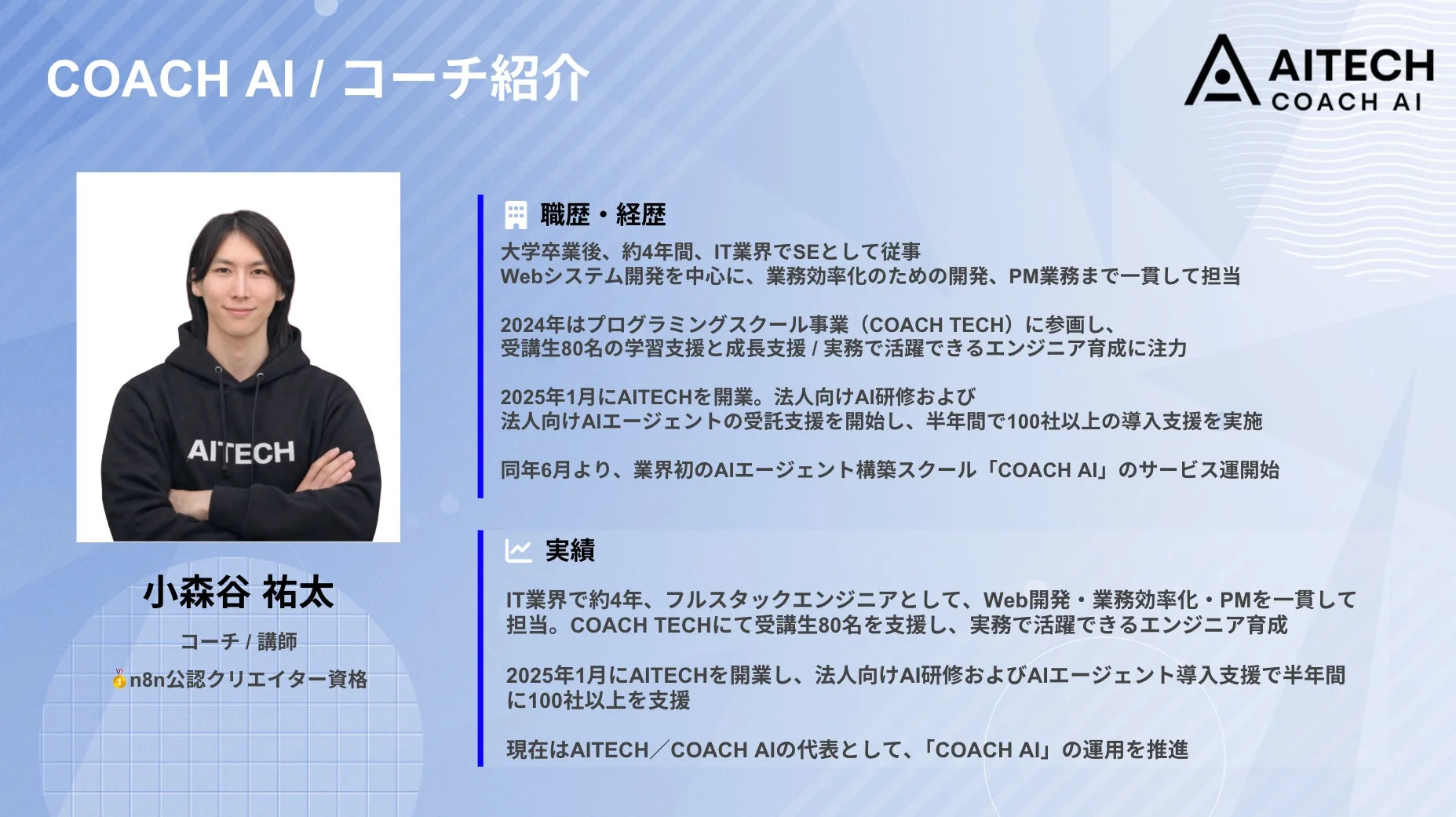 COACH AIの小森谷祐太氏の紹介。