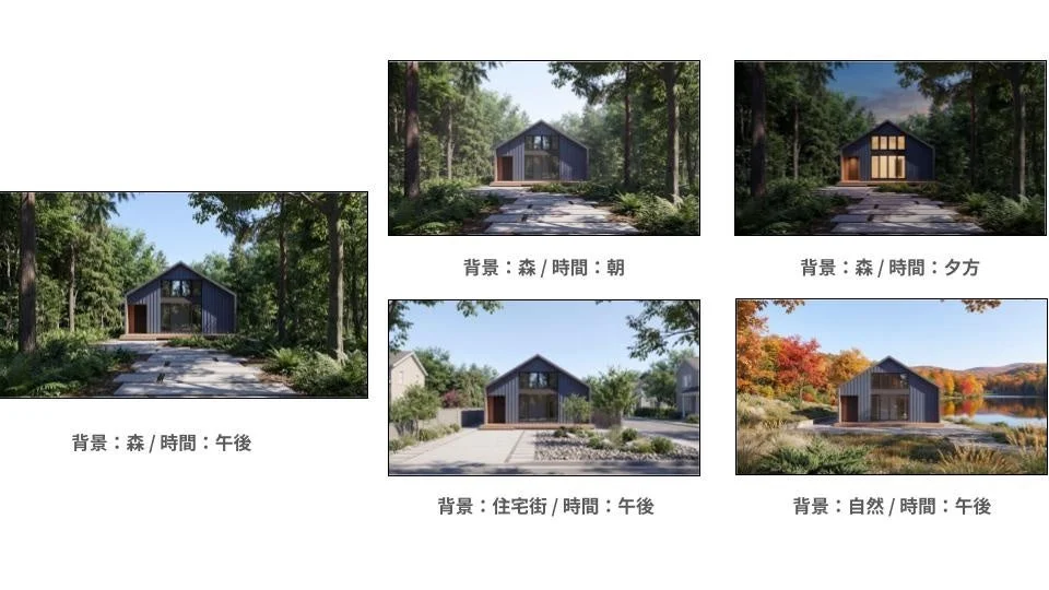 異なる背景と時間帯の住宅CG