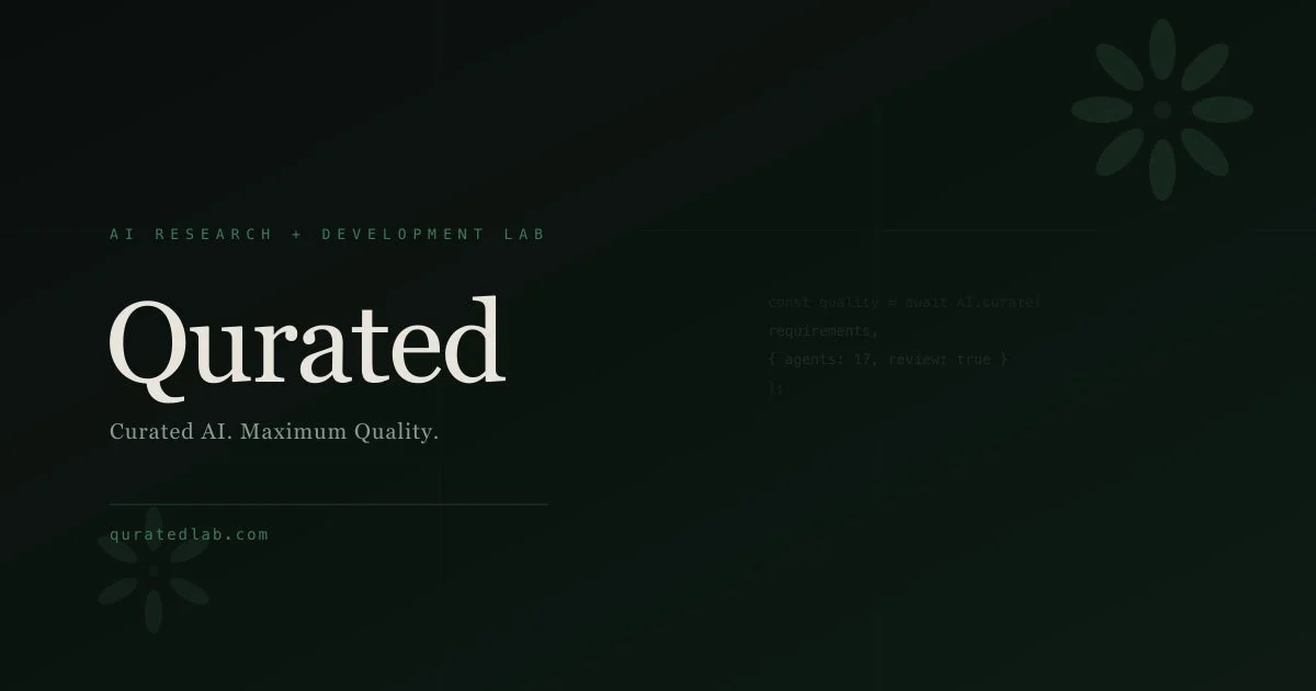 AI研究開発ラボ「Qurated」のブランディング画像です。ロゴ、スローガン「Curated AI. Maximum Quality.」、ウェブサイトURL、そしてAI関連のコードスニペットが表示されており、品質に焦点を当てたAIサービスを提供していることを示唆しています。