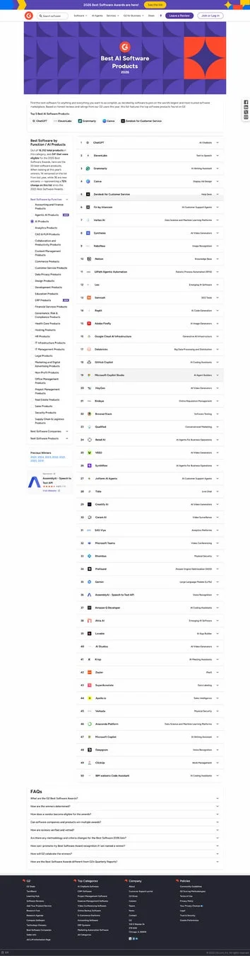 G2 Top 50 Best AI Software Products list