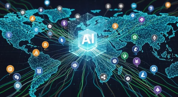 AIを中心としたグローバルなデジタルネットワークが世界地図上に広がり、様々な暗号通貨やブロックチェーン技術の接続を示唆する画像です。未来のテクノロジーと金融の融合を表現しています。