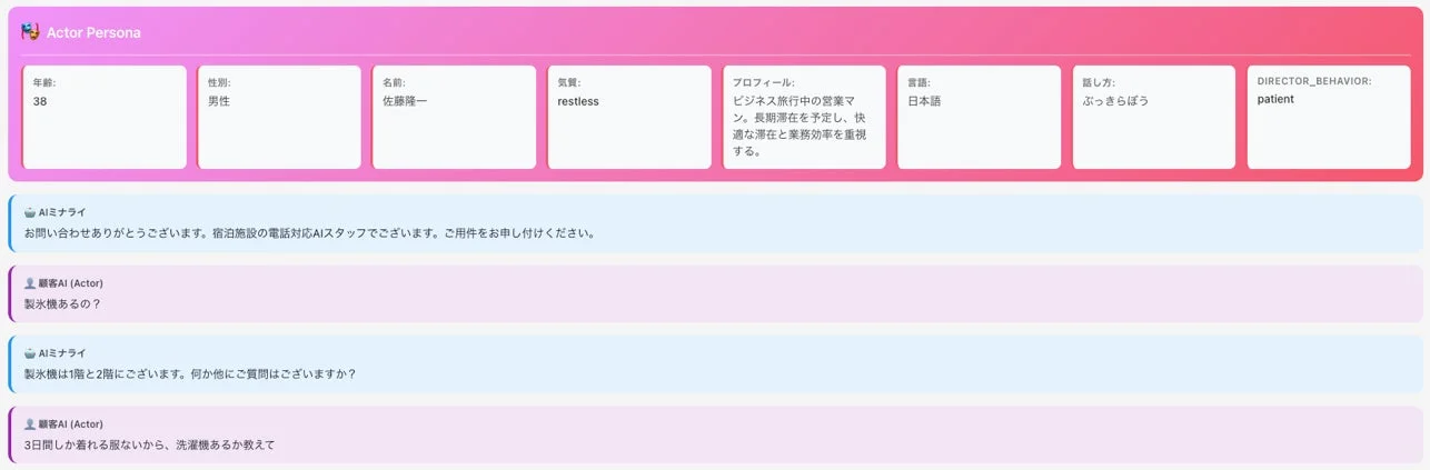 宿泊施設のAI電話対応スタッフのシミュレーション画面で、顧客のペルソナ情報と、製氷機や洗濯機の有無に関するAIと顧客のチャット会話が表示されています。