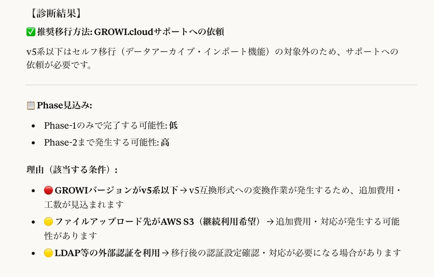 GROWI移行相談ツールの診断結果画面