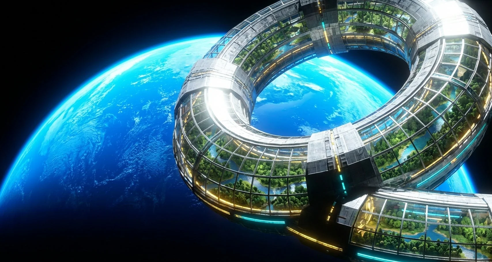 ドーナツ型宇宙ステーションと地球