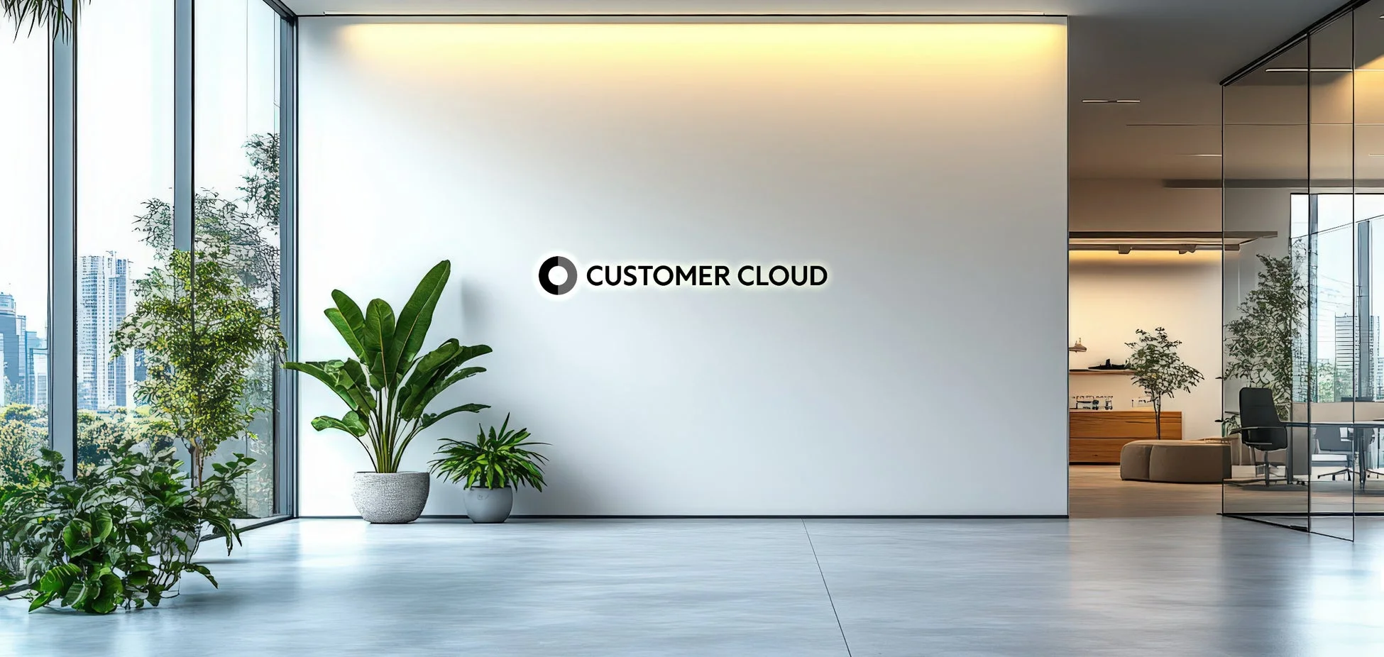 モダンなオフィス空間に「CUSTOMER CLOUD」のロゴ