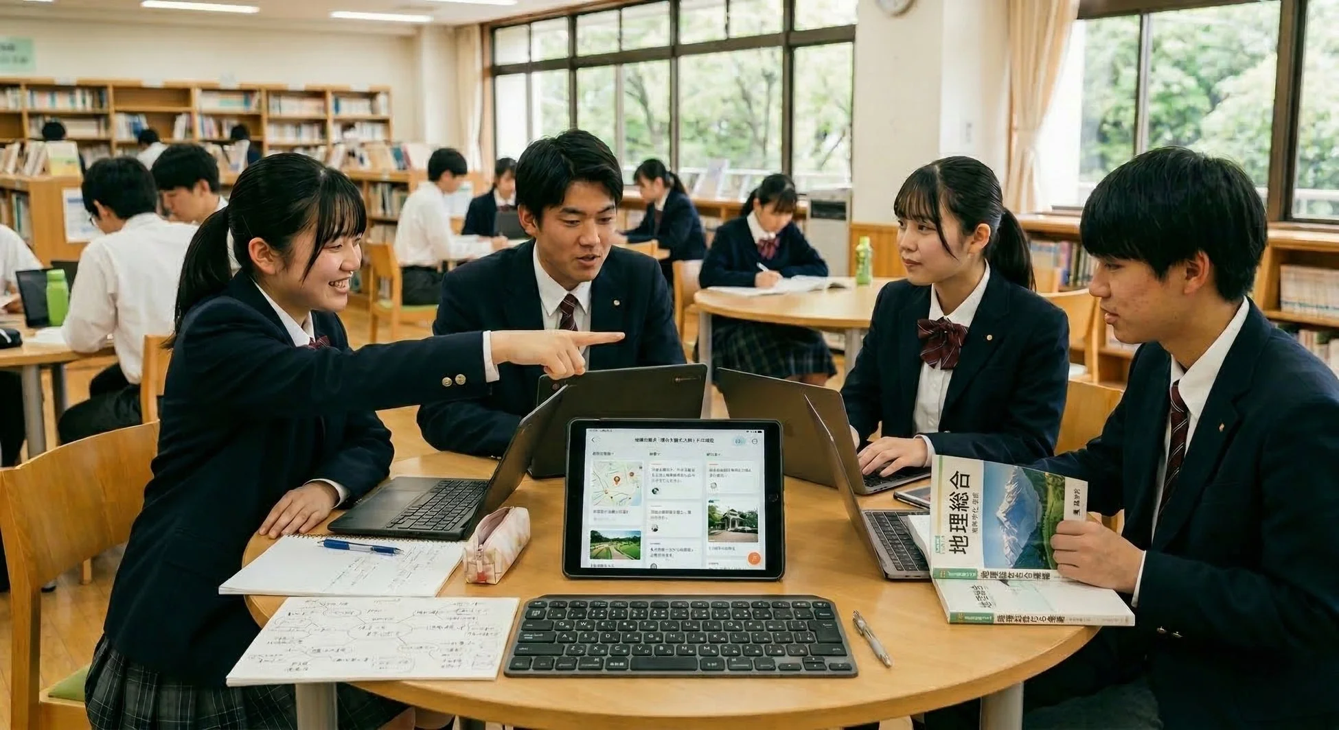 図書館でグループ学習をする高校生たち