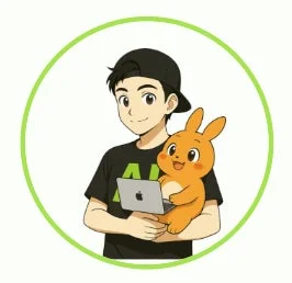 黒い帽子をかぶった男性がAppleのノートパソコンを持ち、隣にオレンジ色のウサギのようなキャラクターがいるアニメ風イラスト