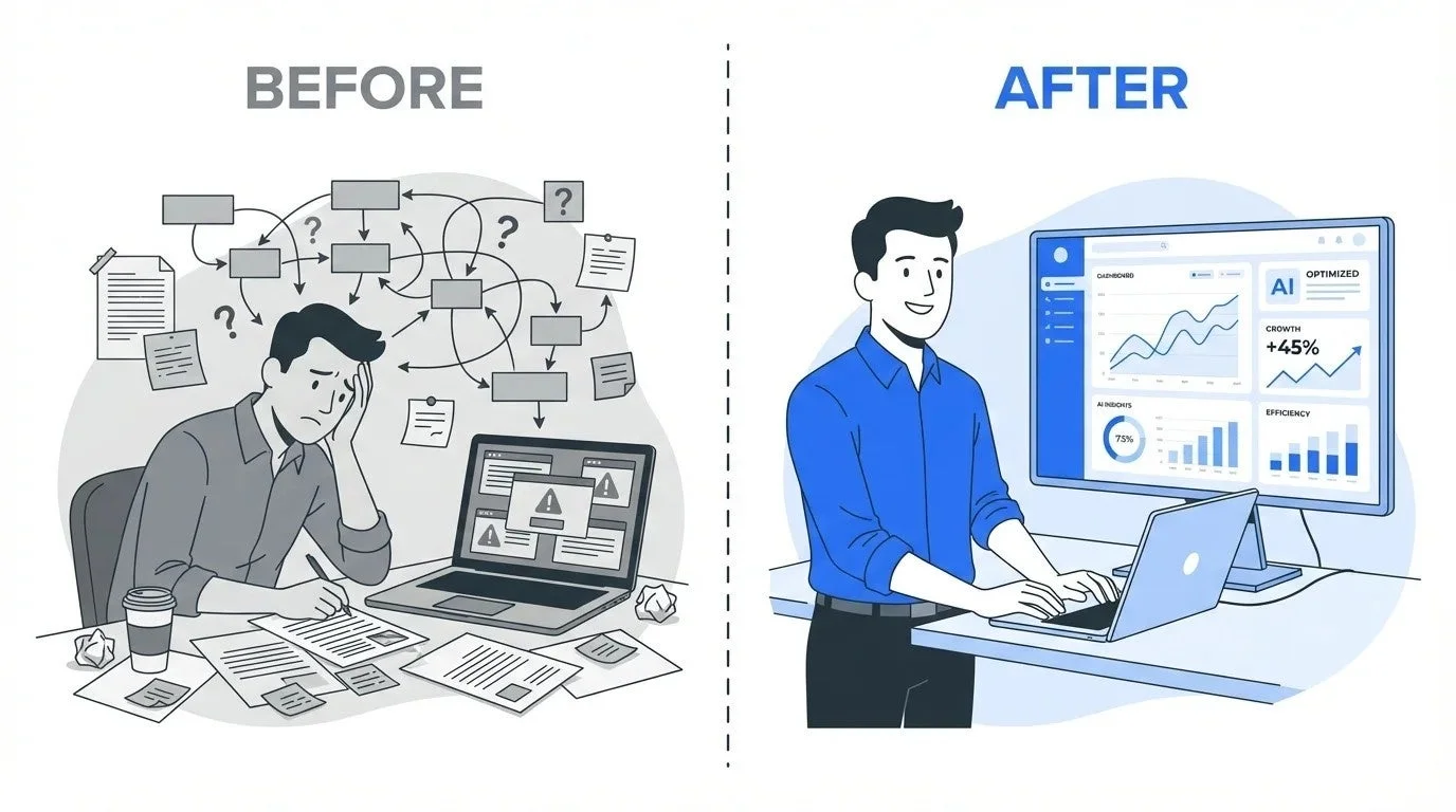 業務のビフォーアフターを示すイラスト。左側は混乱した複雑な状況、右側はAIとデータ分析を活用し、効率的で最適化された状態を表しています。