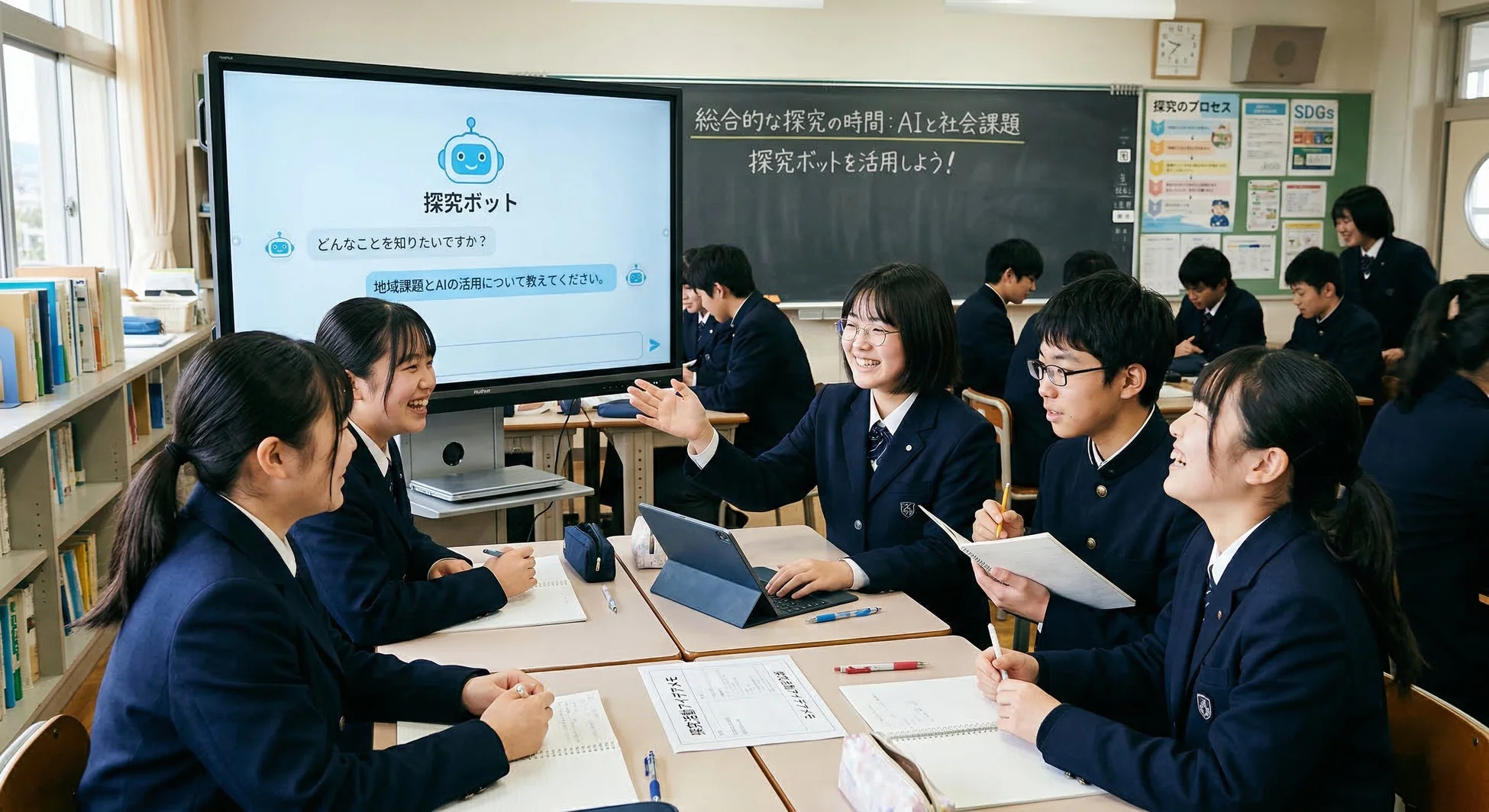 学校の教室で探究ボットを活用する生徒たち