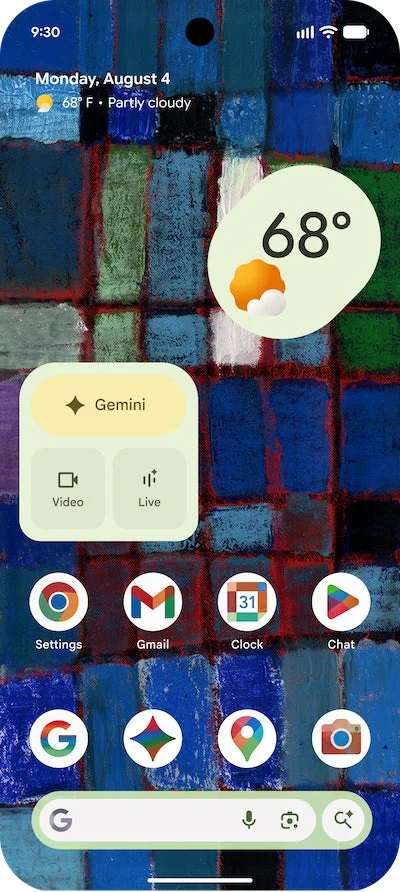 Google Pixelホーム画面(伊賀敢男留氏のアート)