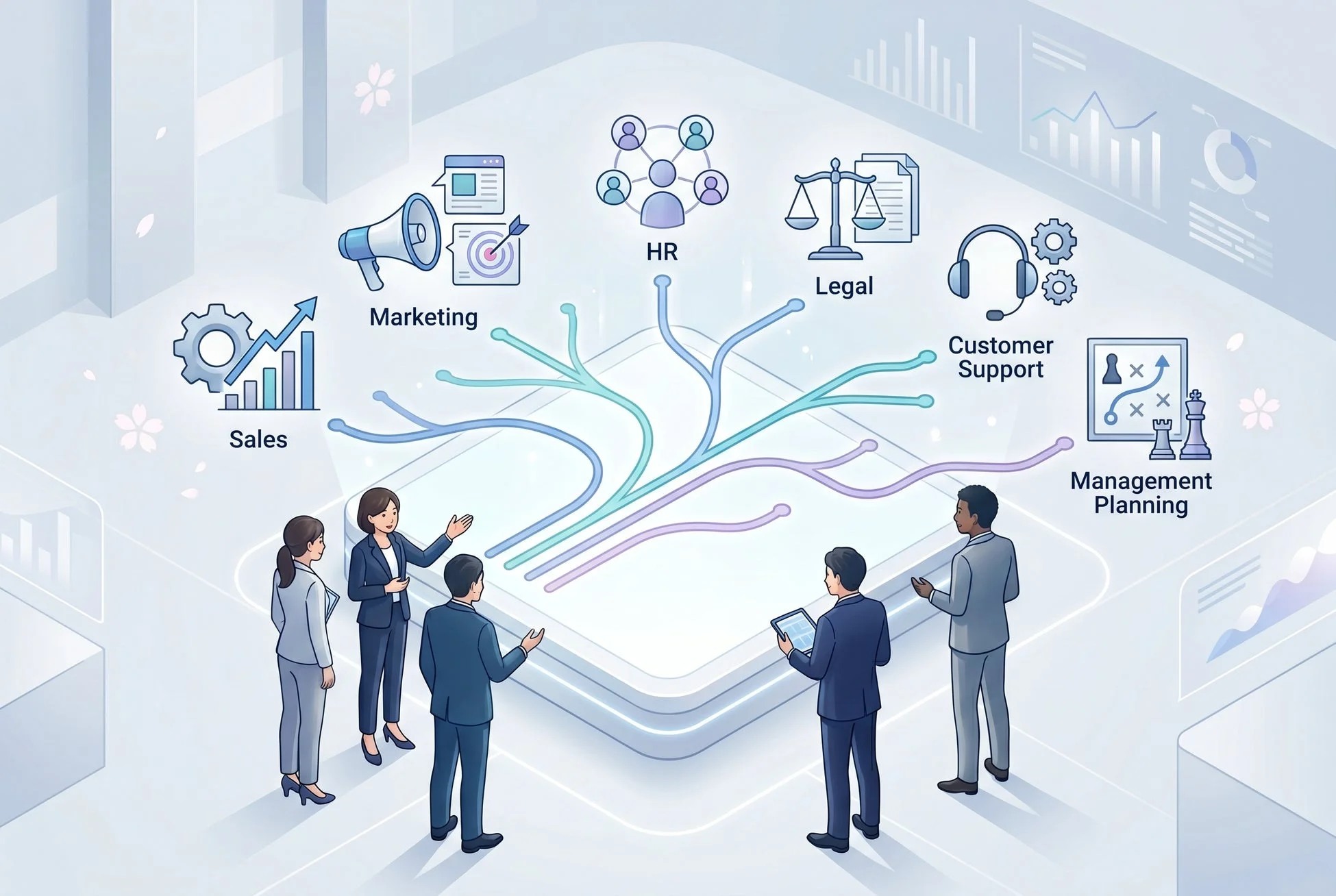 複数のビジネスパーソンが、営業、マーケティング、人事、法務、カスタマーサポート、経営企画といった様々な部門や機能が統合された中央システムについて議論している様子を描いています。業務連携や統合管理の概念を示唆するイラストです。
