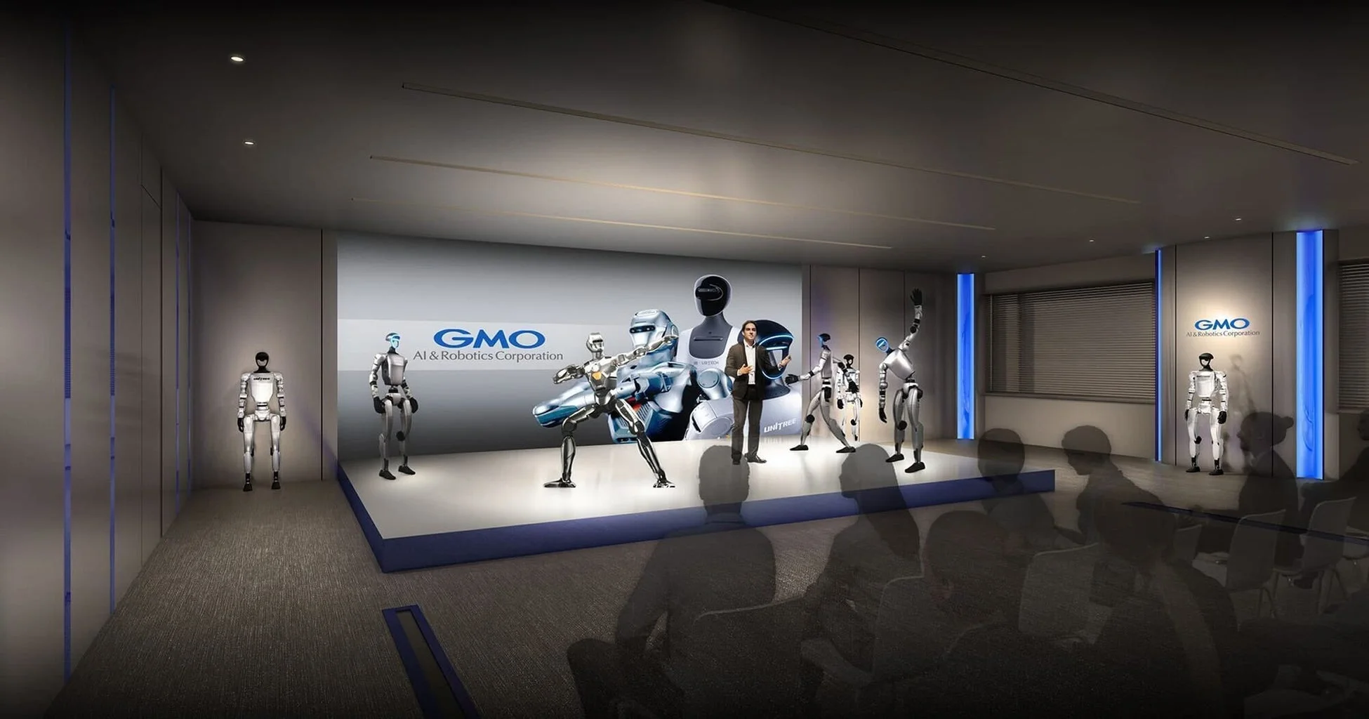 多様なロボットが展示されたプレゼンテーション会場