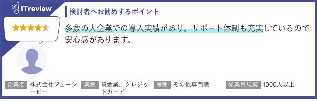 ITreviewのレビューで、多数の大企業への導入実績と充実したサポート体制が高く評価され、安心感が提供されていることが示されています。企業は株式会社ジェーシービーで、貸金業、クレジットカード業界に属し、従業員規模は1000人以上です。