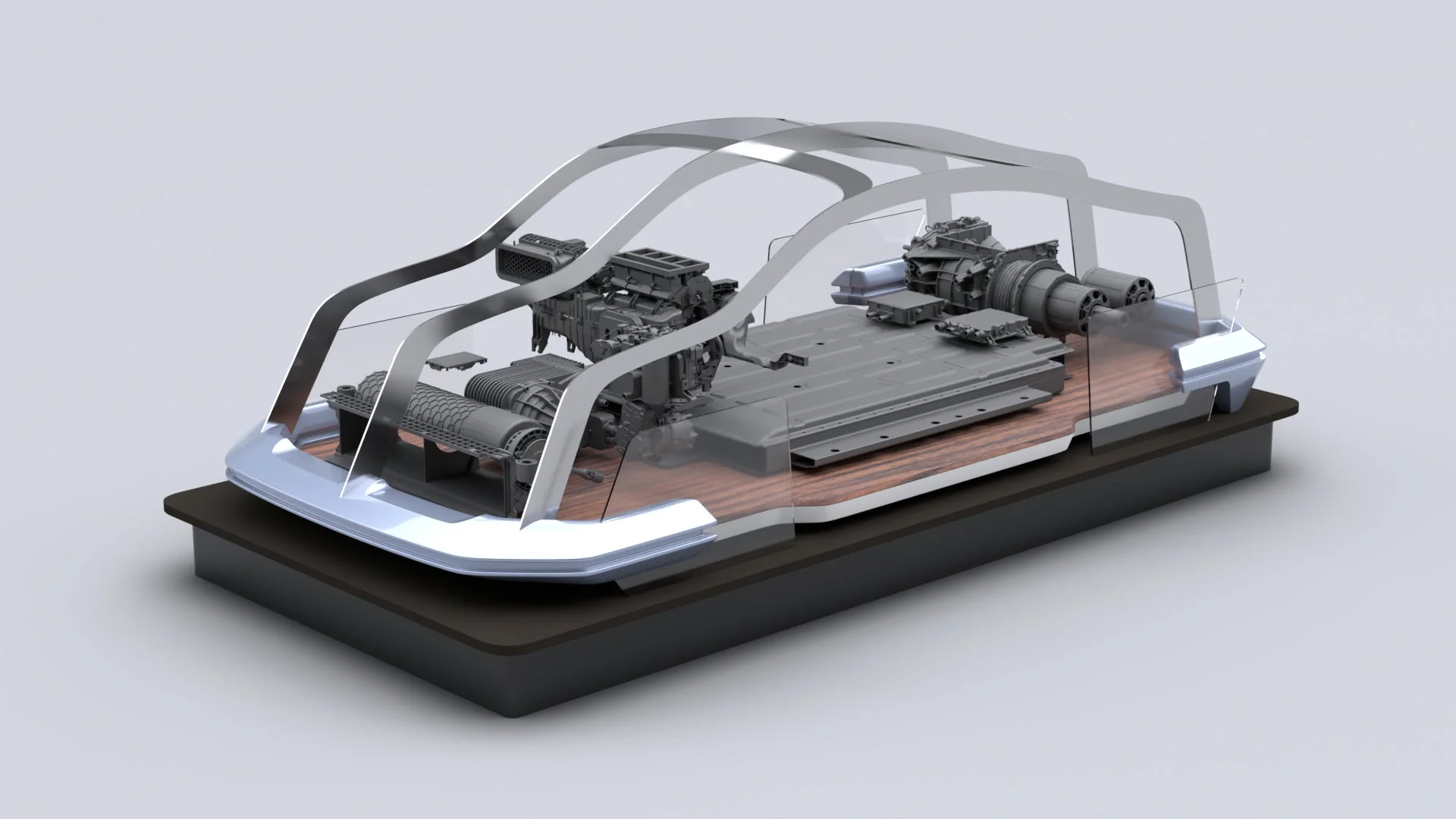 透明な外装越しに内部構造が見えるEVボートの3Dレンダリング画像です。中央のバッテリーパックと前後のモーター・推進システムが詳細に描かれており、未来的なコンセプトデザインを示しています。