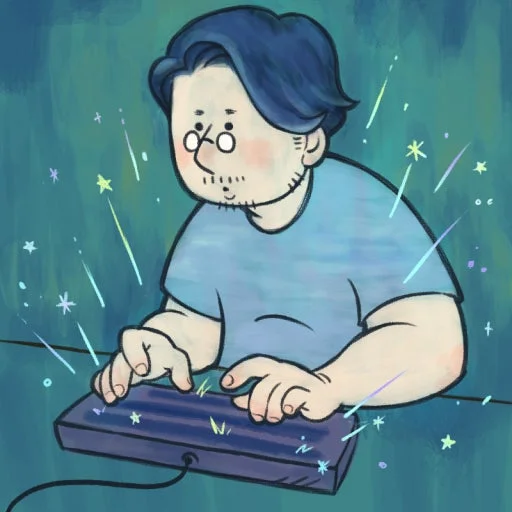 青い髪と眼鏡の男性がキーボードを操作しており、指先から魔法のような光が放たれているイラスト