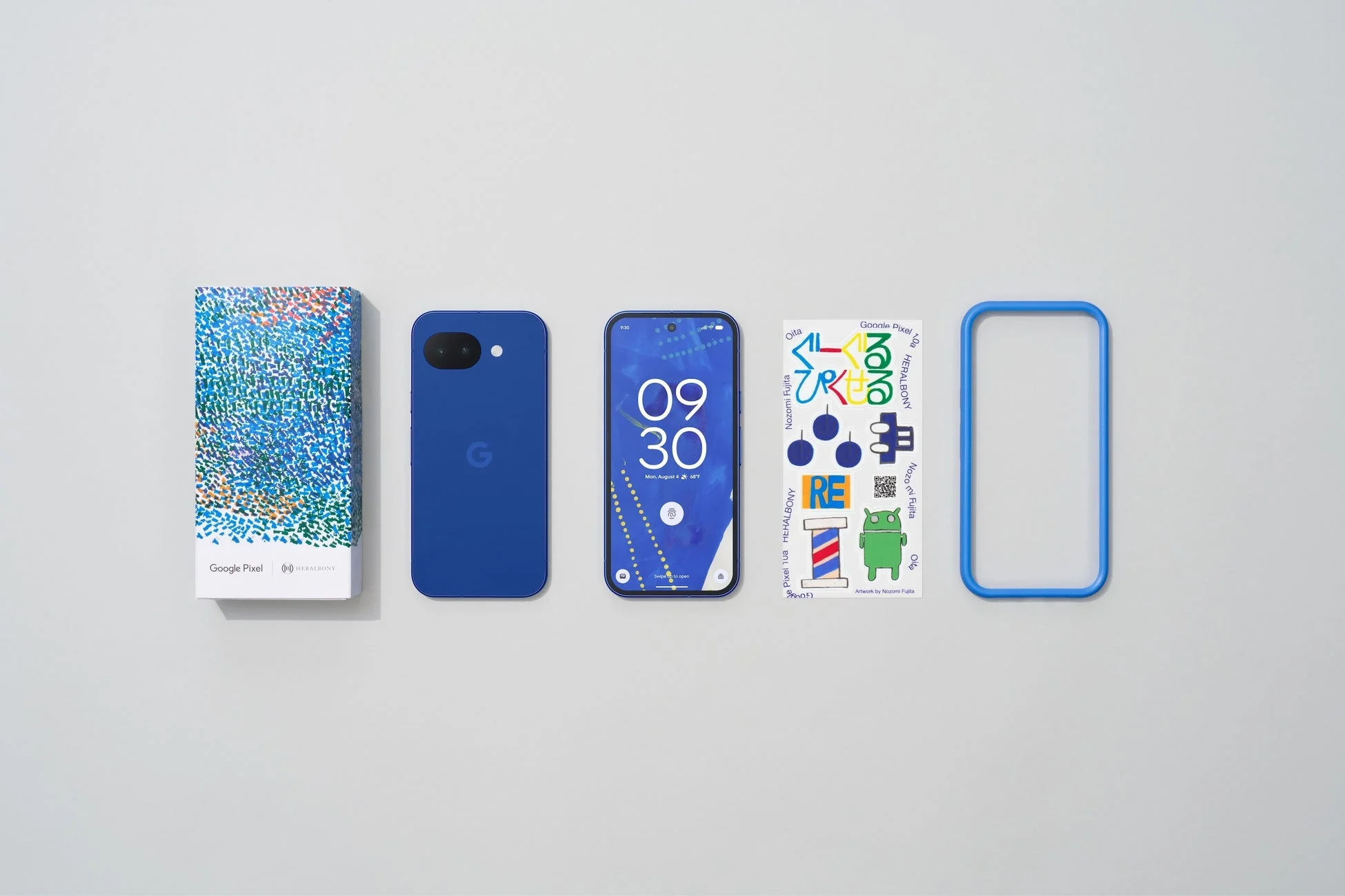 Google Pixel Isai Blueスマートフォンとパッケージ