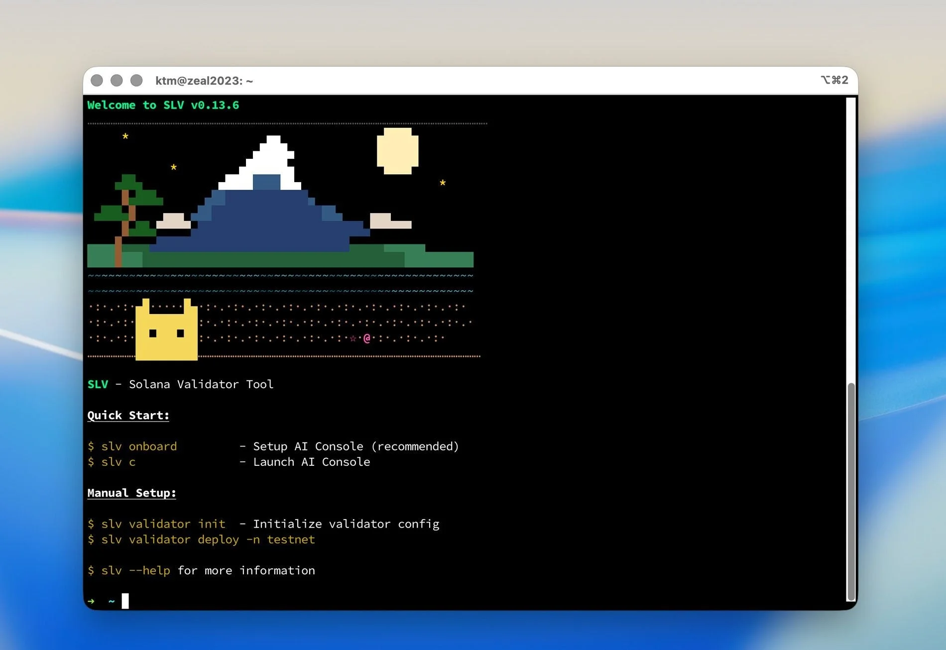 Solanaバリデーターツール「SLV v0.13.6」のターミナル画面