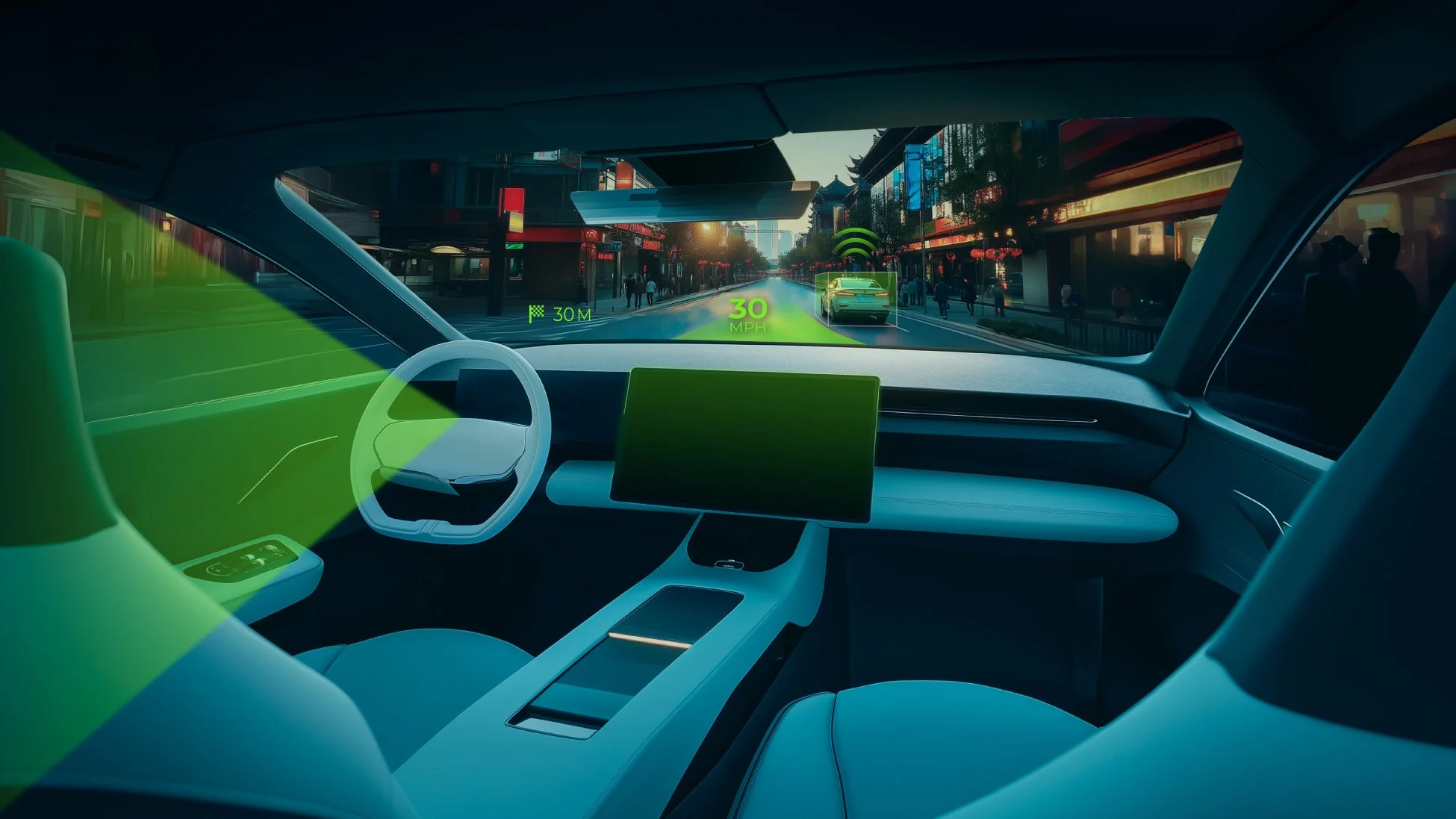 未来的な自動車の運転席から見た都市の夜景。ヘッドアップディスプレイに速度や前方車両の情報が表示され、自動運転技術が活用されている様子が描かれている。